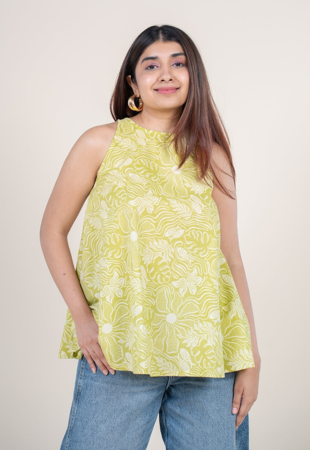 Parveen Lime Green Printed Cotton A Line Short Top