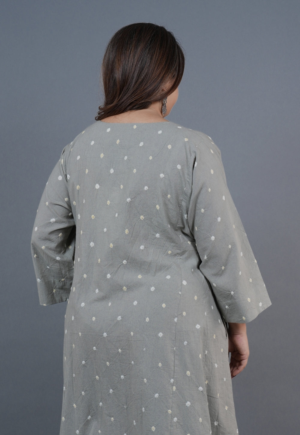 Atika Grey Bandhani Cotton Jhabbha Kali Kurta with Embroidery