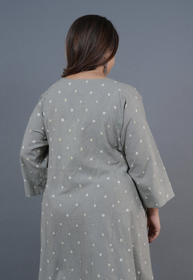 Atika Grey Bandhani Cotton Jhabbha Kali Kurta with Embroidery