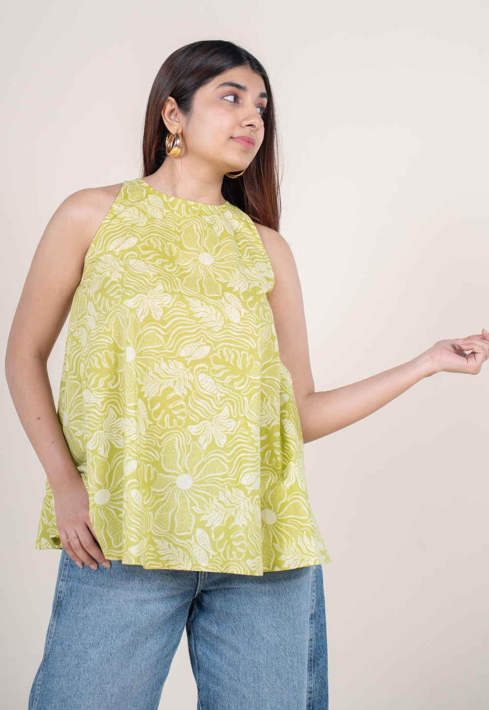 Parveen Lime Green Printed Cotton A Line Short Top