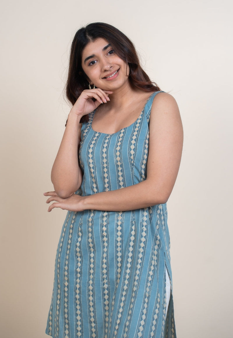 Nivya Blue Ajrakh Cotton Straight Short Top