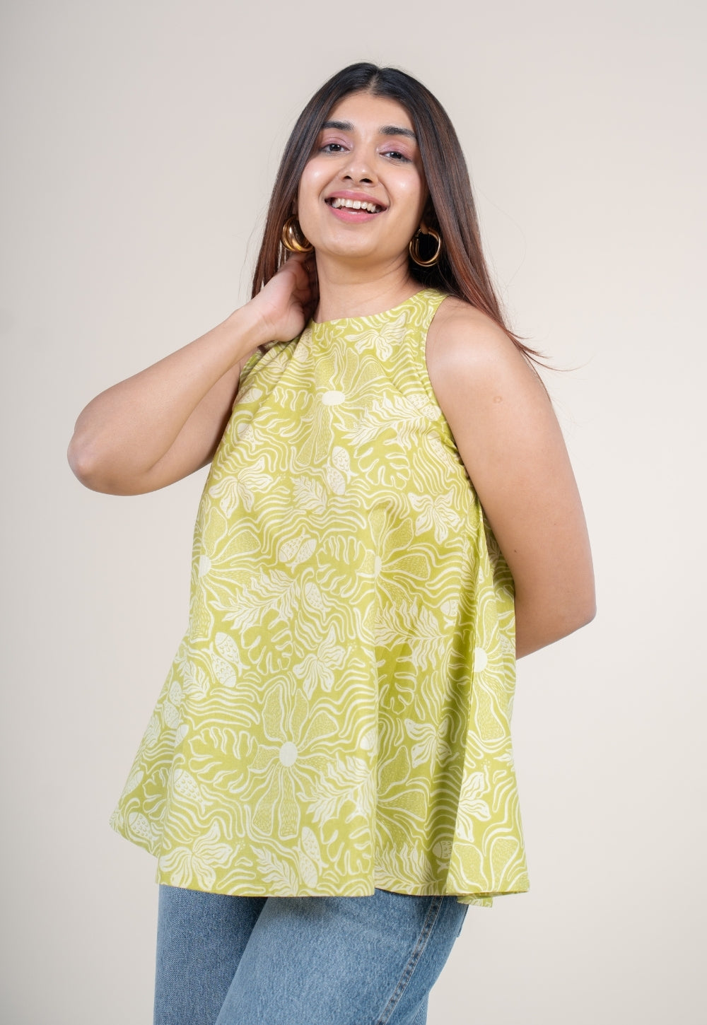 Parveen Lime Green Printed Cotton A Line Short Top