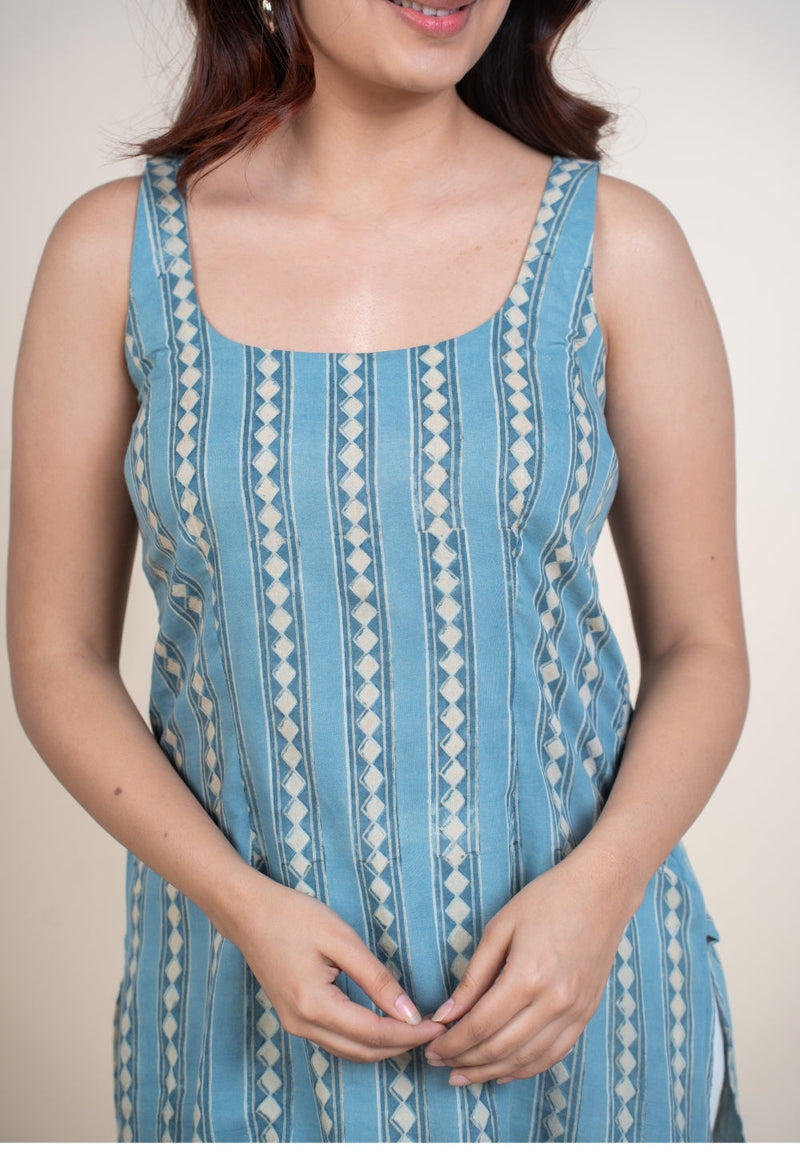 Nivya Blue Ajrakh Cotton Straight Short Top