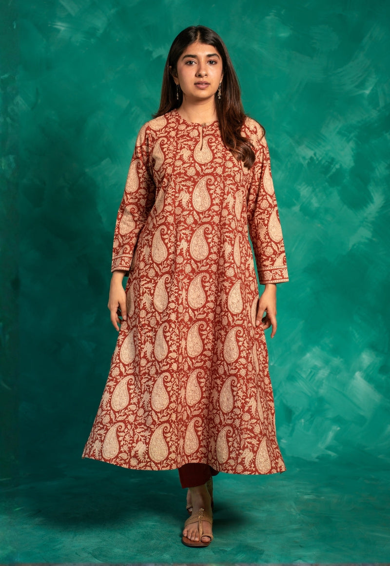 Zoohi Red Bagru Cotton A Line Kurta