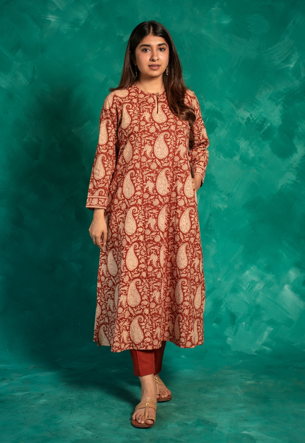 Zoohi Red Bagru Cotton A Line Kurta