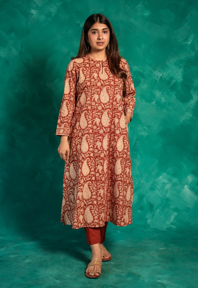 Zoohi Red Bagru Cotton A Line Kurta