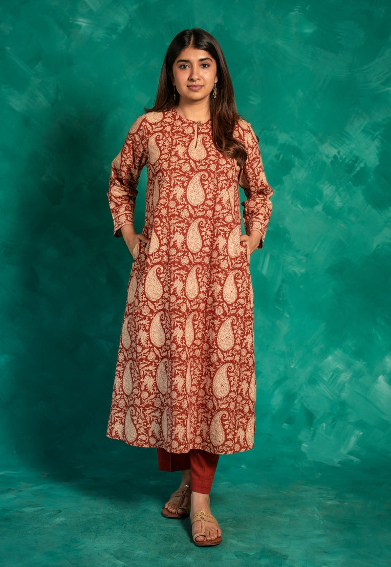 Zoohi Red Bagru Cotton A Line Kurta