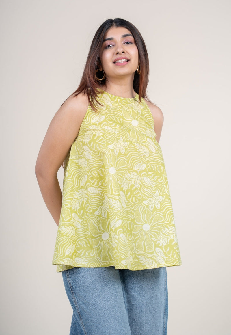 Parveen Lime Green Printed Cotton A Line Short Top