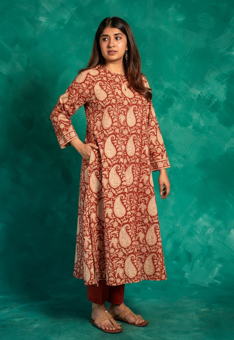 Zoohi Red Bagru Cotton A Line Kurta