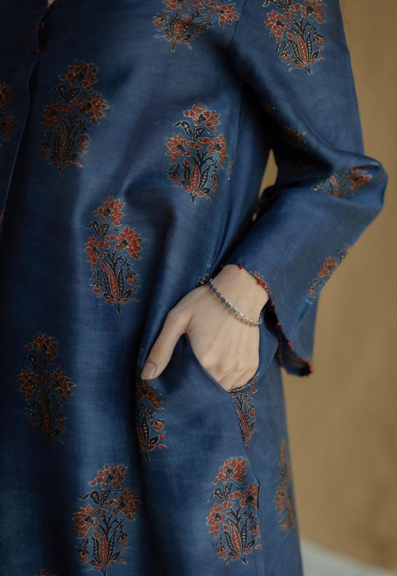 Zafreen Dark Indigo Ajrakh Chanderi Silk A Line Kurta with Hand Embroidery