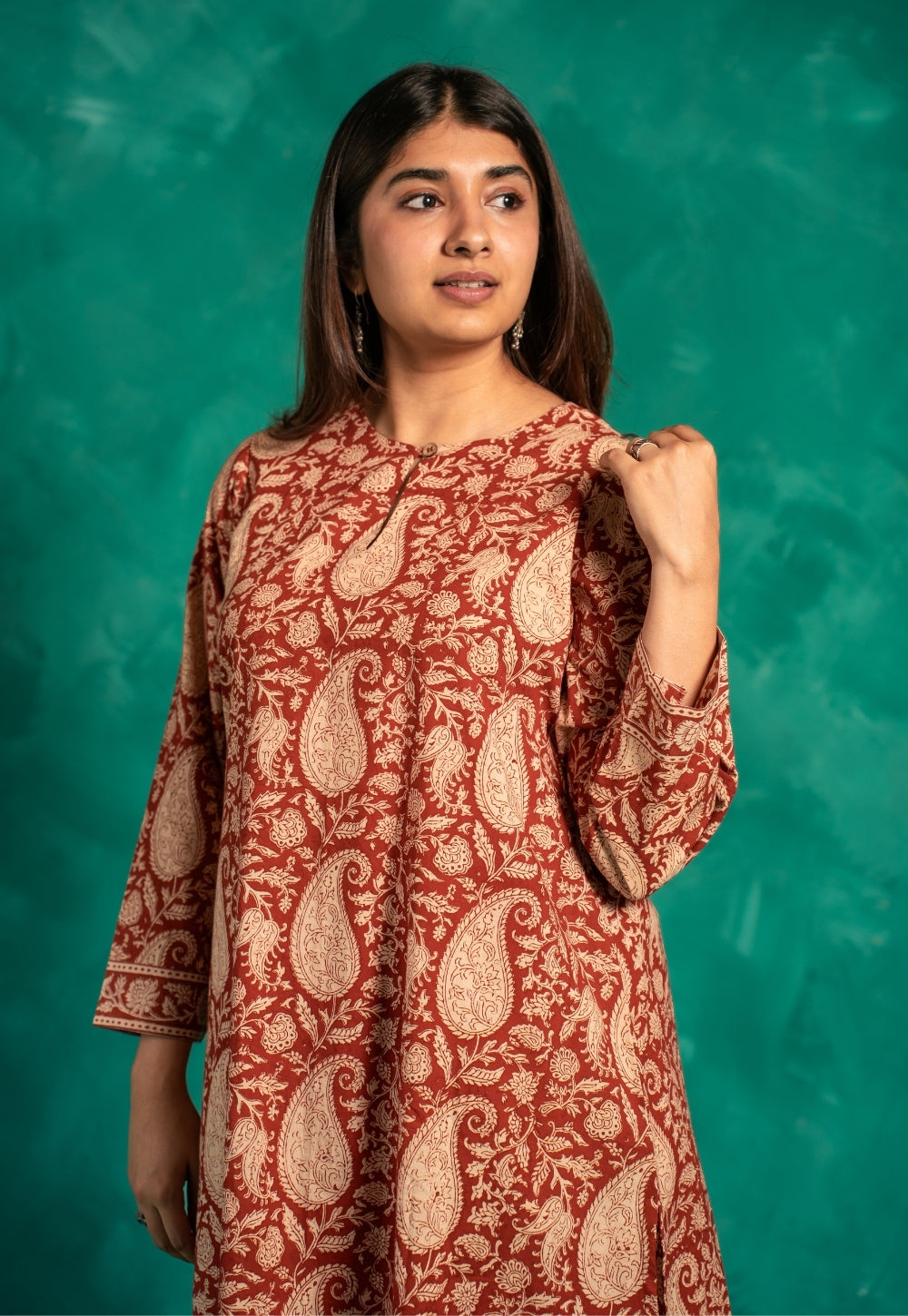 Zoohi Red Bagru Cotton A Line Kurta