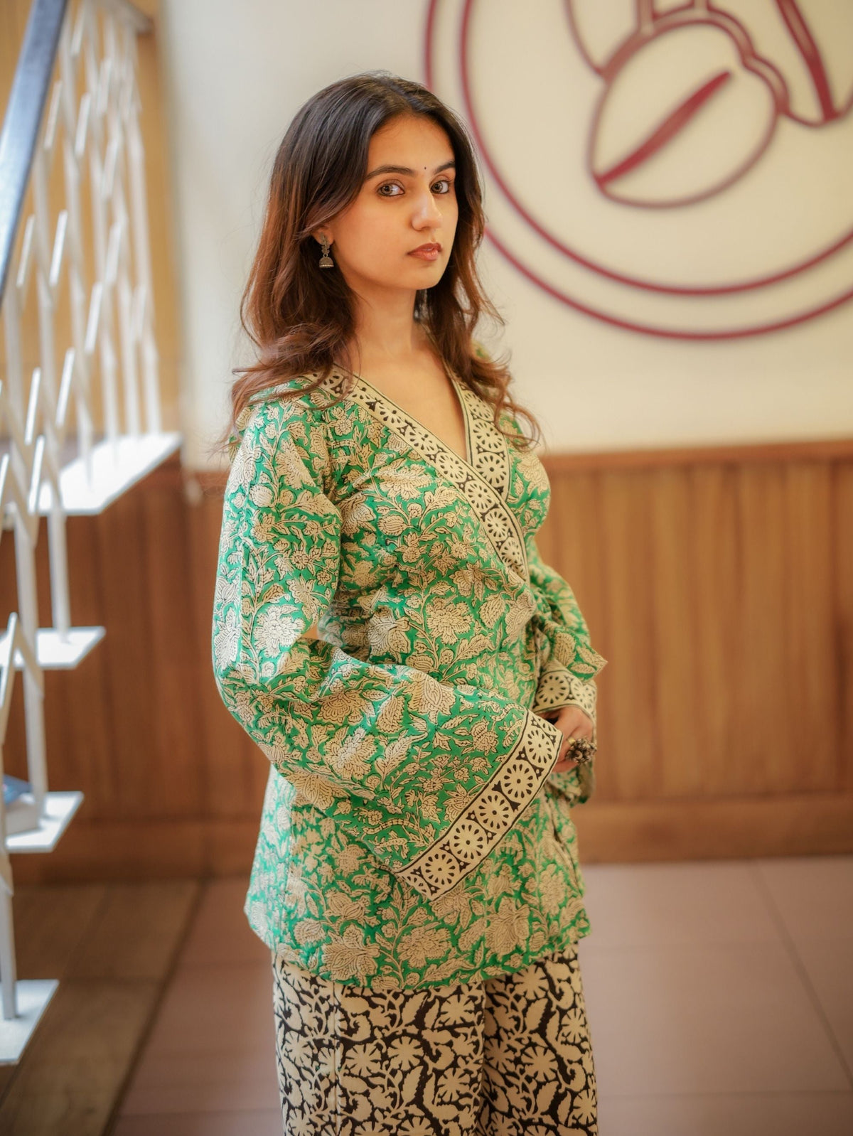 Mint Pista Handblock Wrap Top & Palazzo Set for Women