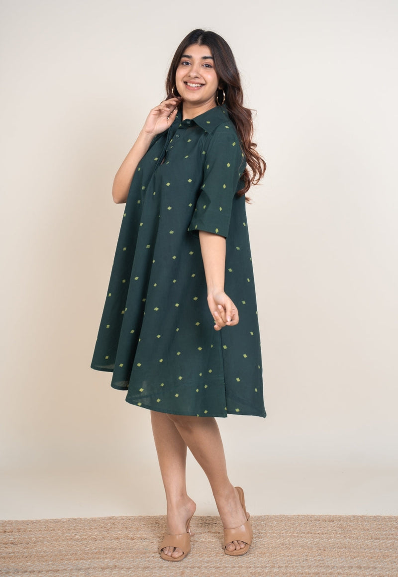 Srisha Green Dabu Cotton A Line Dress