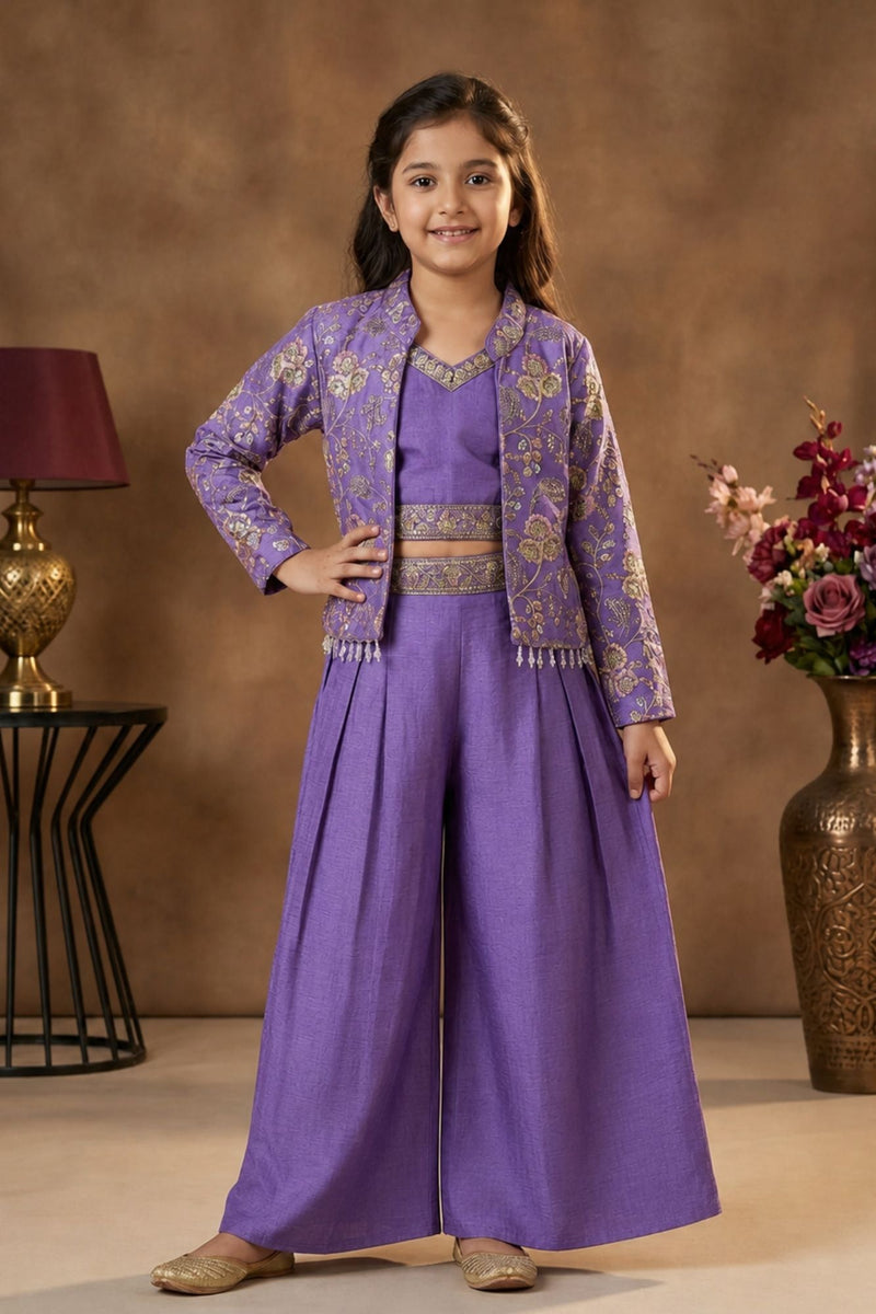 Purple Palazzo Set with Embroidered Jacket For Girls