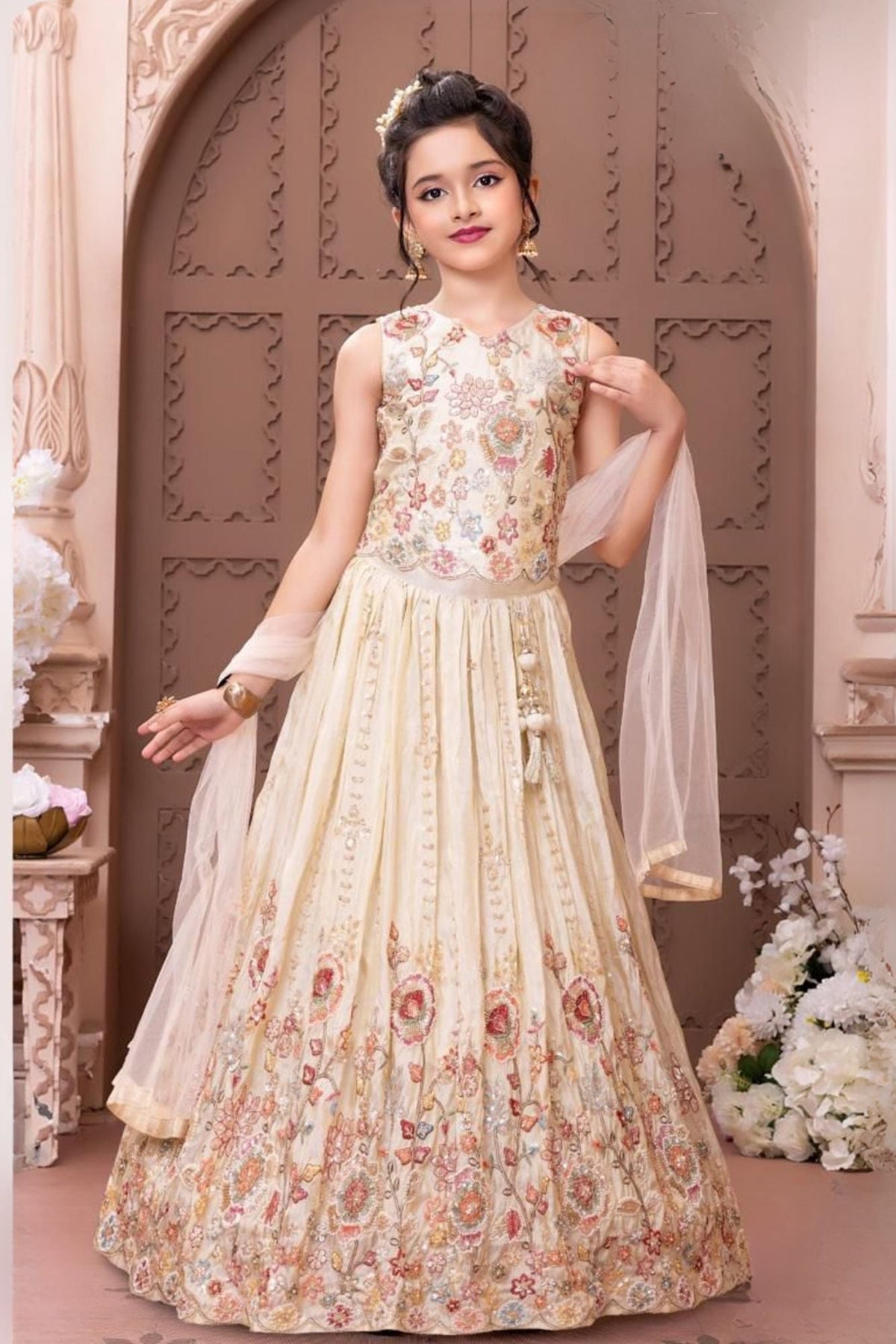 Cream Floral Embroidered Lehenga Choli with Dupatta for Girls