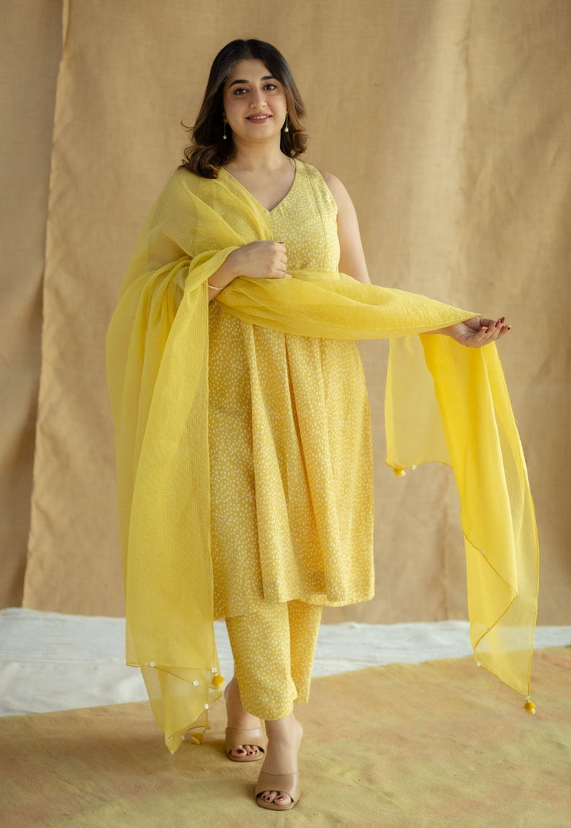 Aziza Mustard Hand Block Print Slub Cotton A Line Kurta