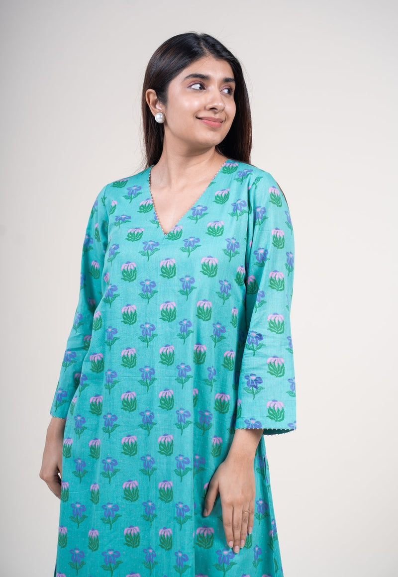 Reva Mint Green Printed Mul A Line Kurta with Hand Embroidery