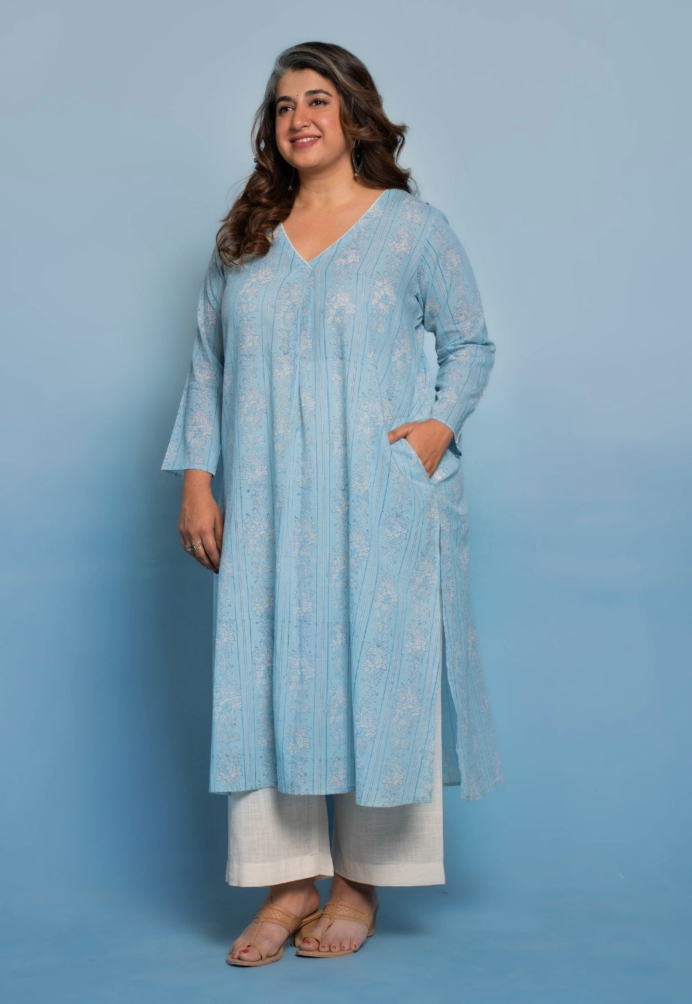 Raila Blue Dabu Mul Cotton Straight Kurta