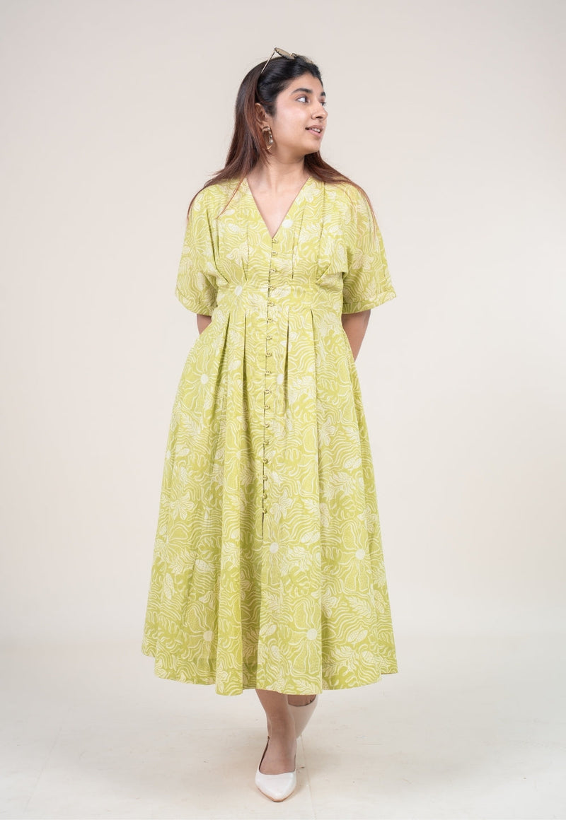 Reema Lime Green Printed Cotton A Line Dress