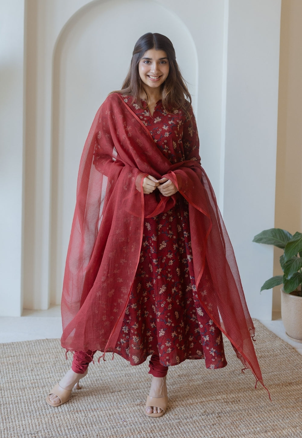 Shinat Red Ajrakh Cotton Kali Kurta with Hand Embroidery