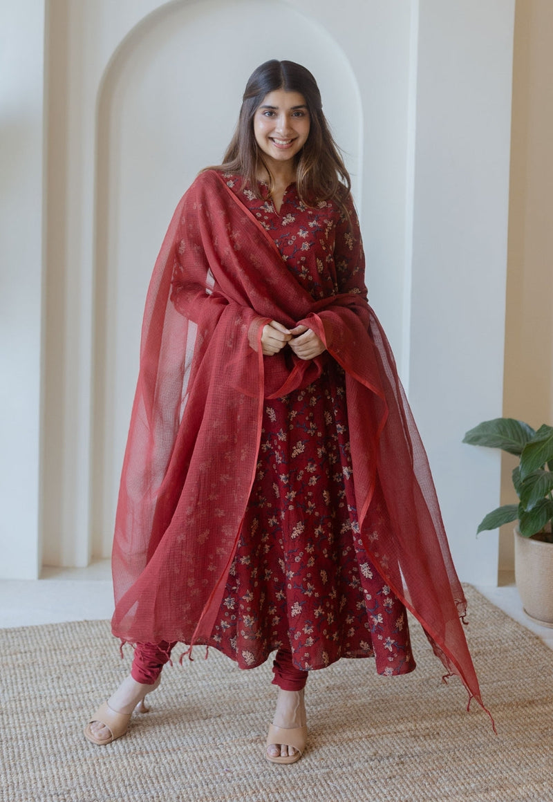 Shinat Red Ajrakh Cotton Kali Kurta with Hand Embroidery