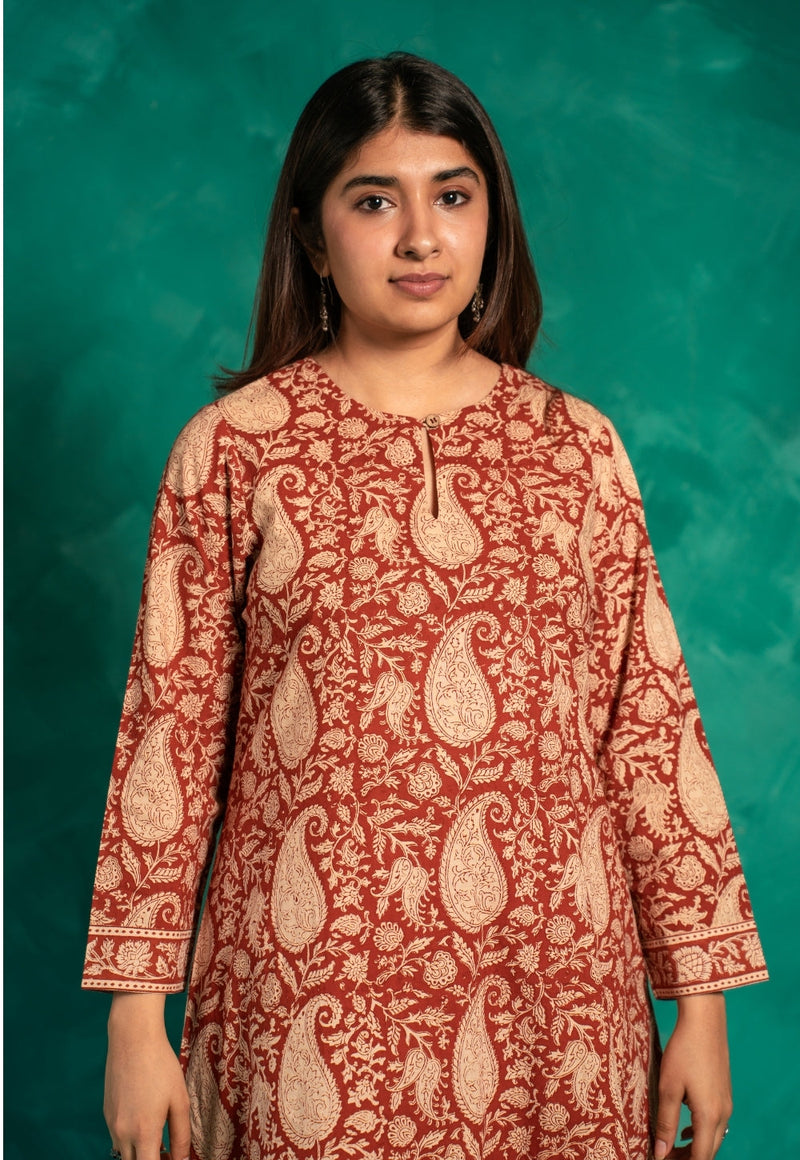 Zoohi Red Bagru Cotton A Line Kurta