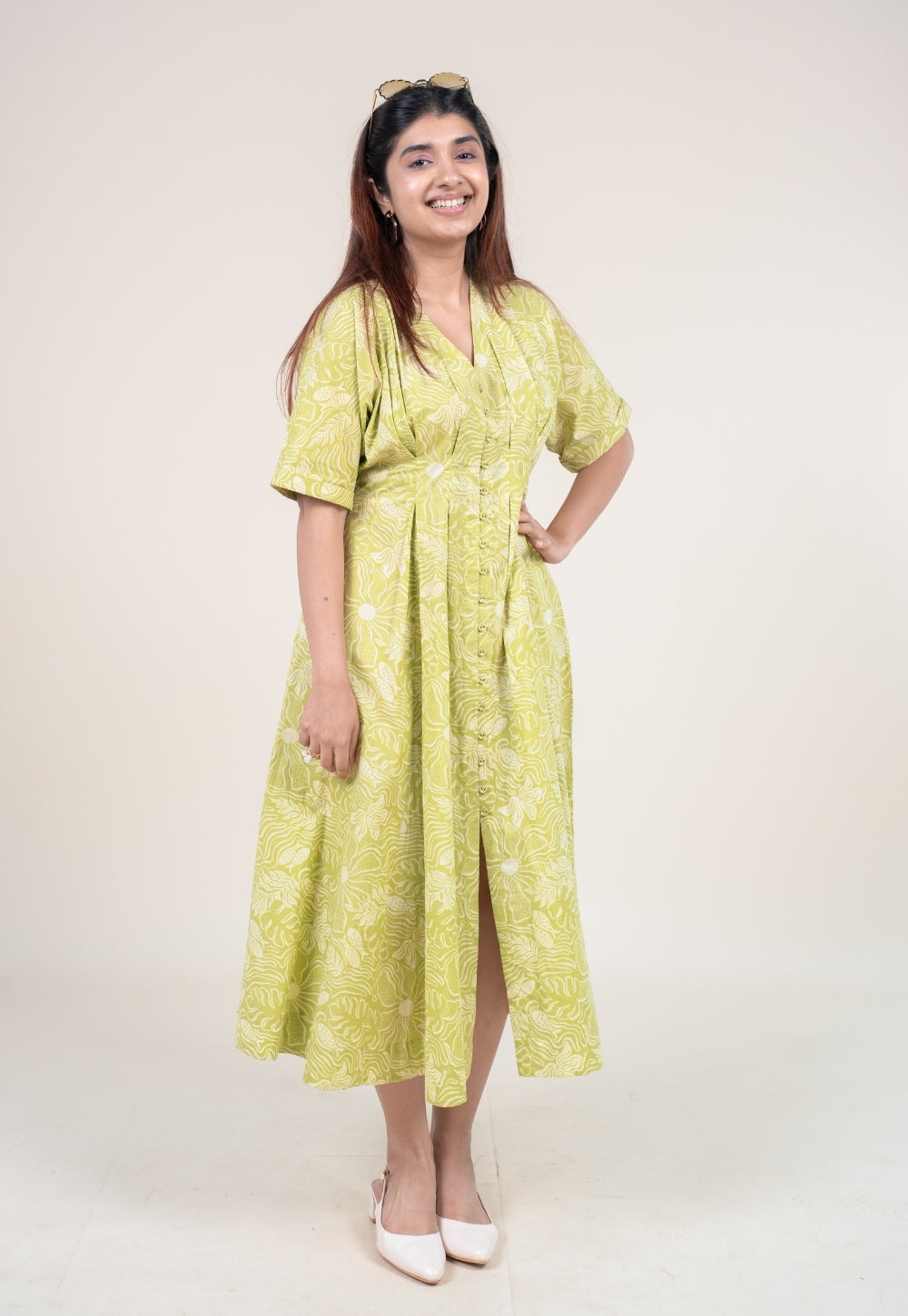 Reema Lime Green Printed Cotton A Line Dress