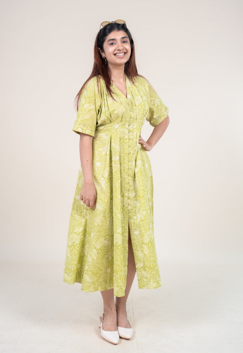 Reema Lime Green Printed Cotton A Line Dress