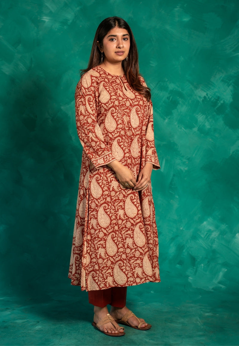 Zoohi Red Bagru Cotton A Line Kurta