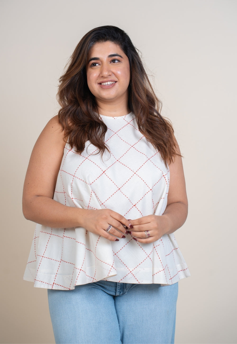 Parveen White Handblock Print Cotton A Line Short Top
