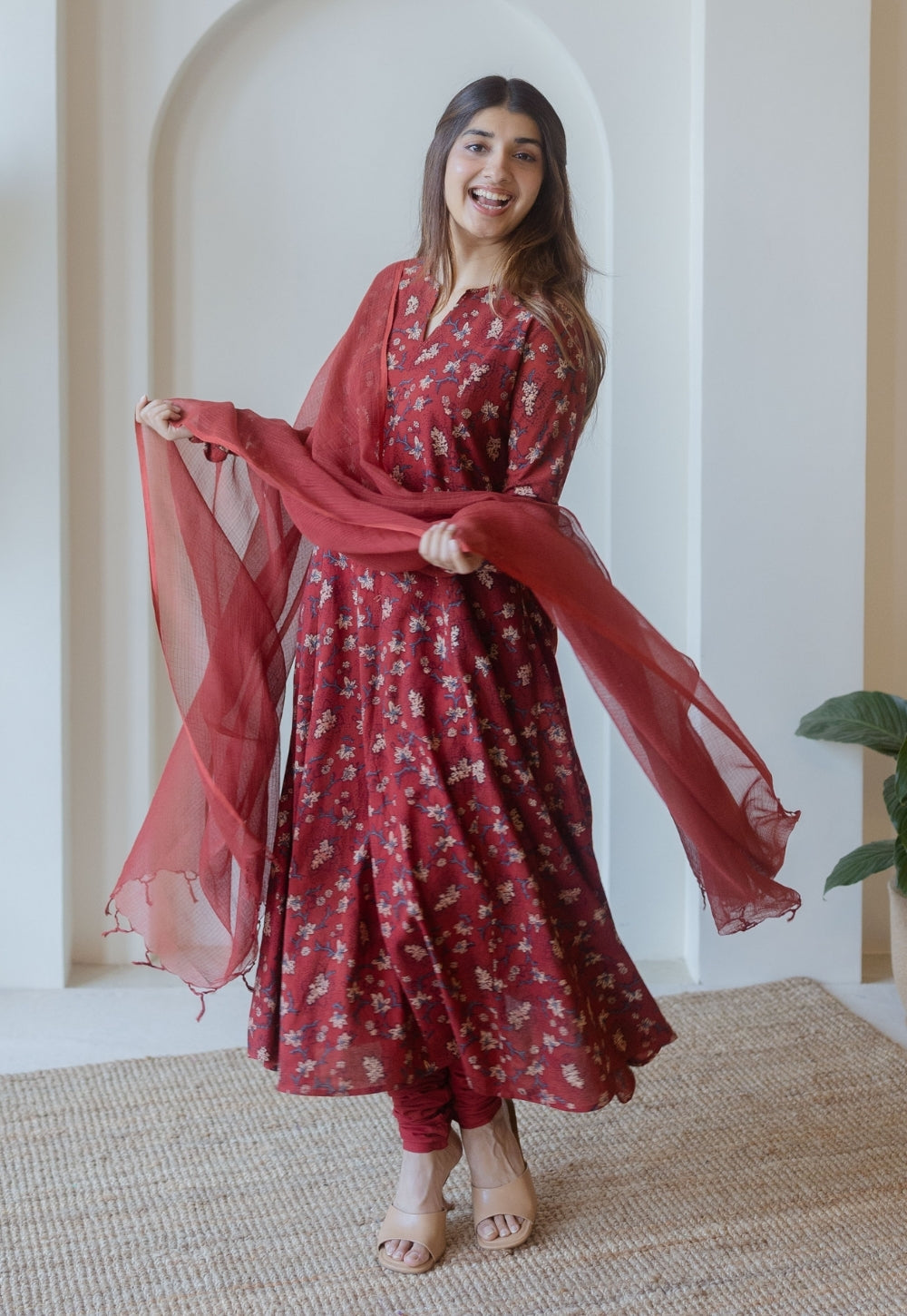Shinat Red Ajrakh Cotton Kali Kurta with Hand Embroidery