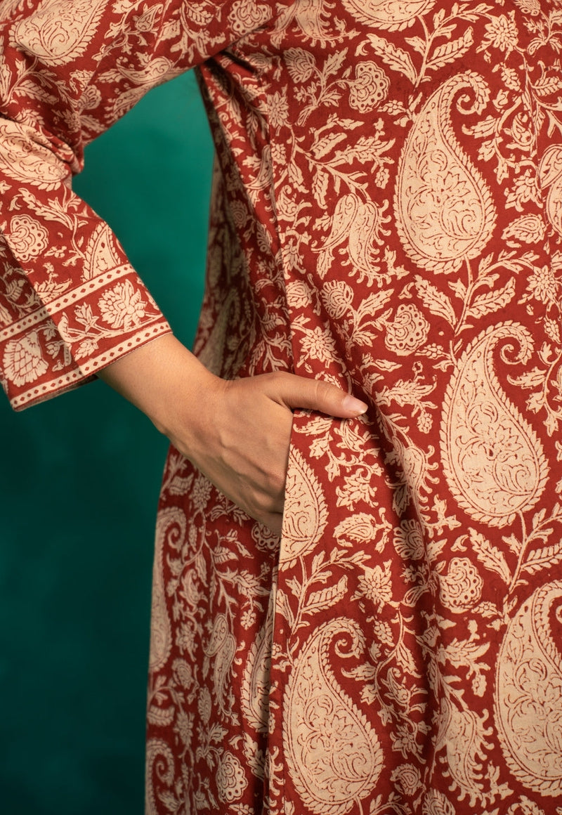 Zoohi Red Bagru Cotton A Line Kurta
