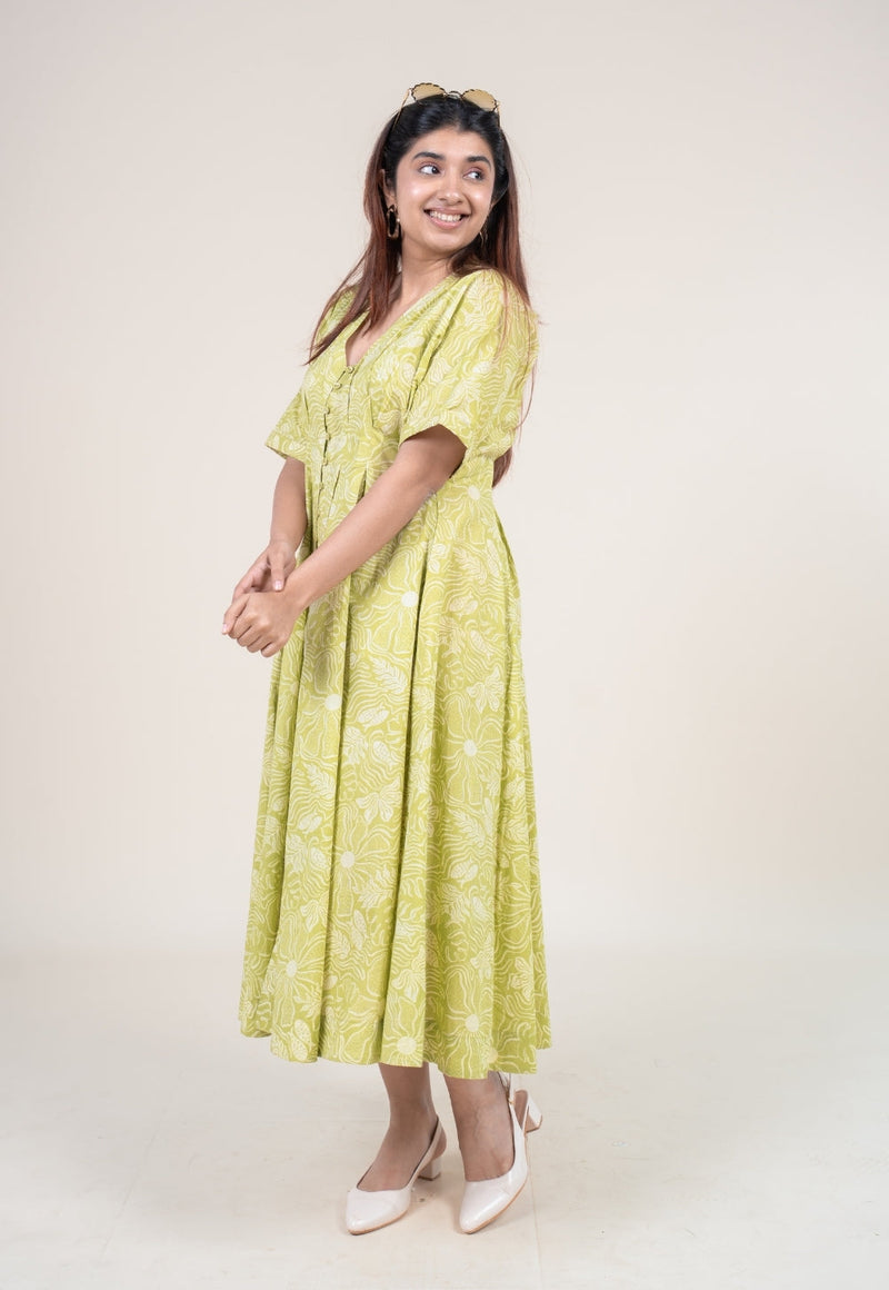 Reema Lime Green Printed Cotton A Line Dress