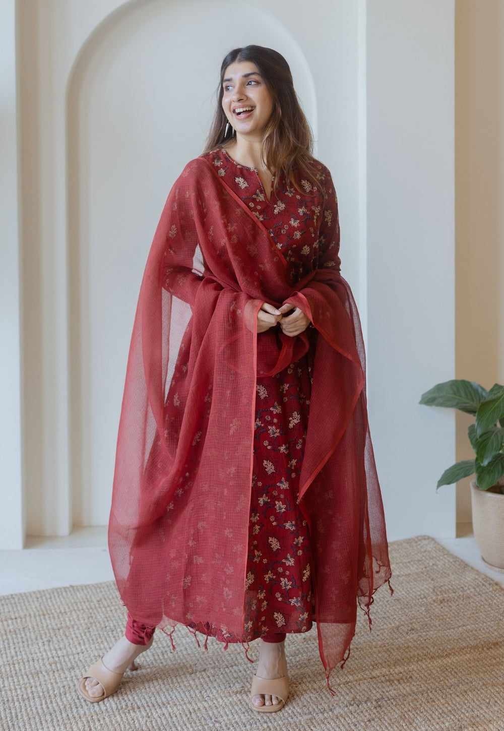 Shinat Red Ajrakh Cotton Kali Kurta with Hand Embroidery