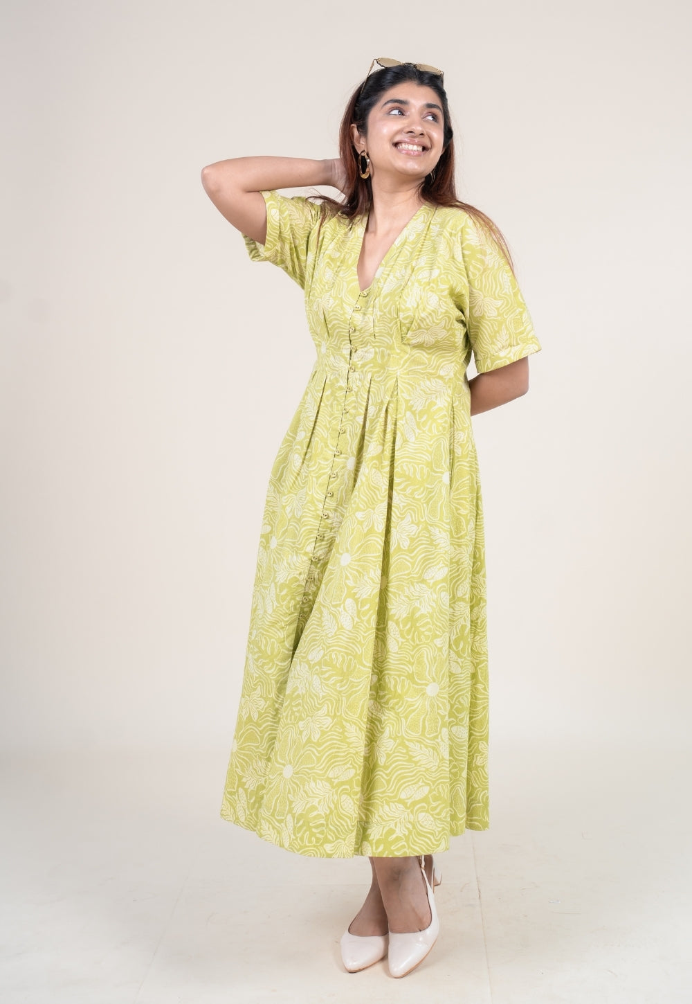 Reema Lime Green Printed Cotton A Line Dress