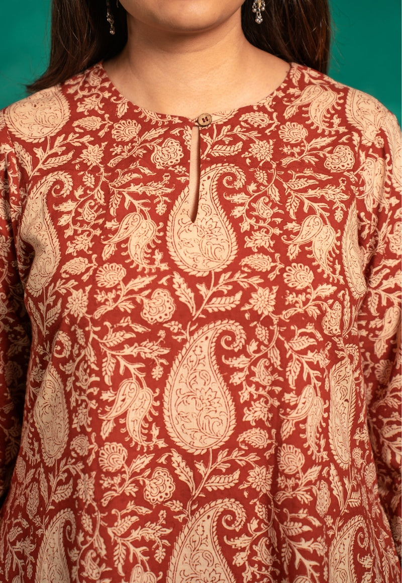 Zoohi Red Bagru Cotton A Line Kurta