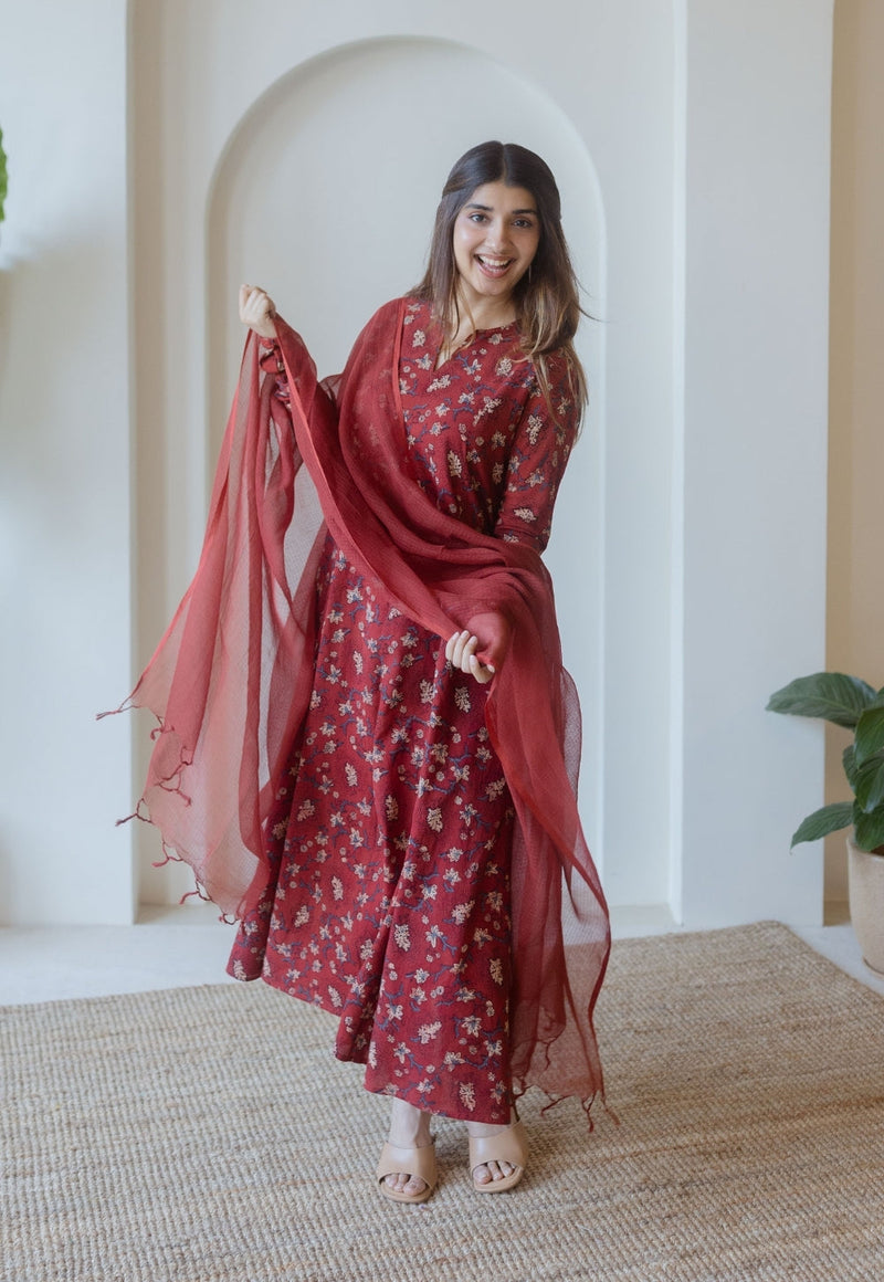 Shinat Red Ajrakh Cotton Kali Kurta with Hand Embroidery