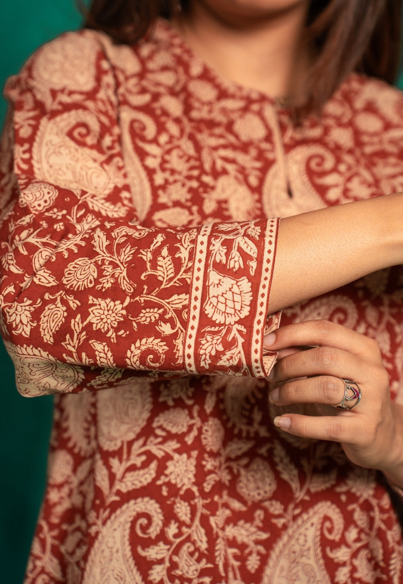 Zoohi Red Bagru Cotton A Line Kurta