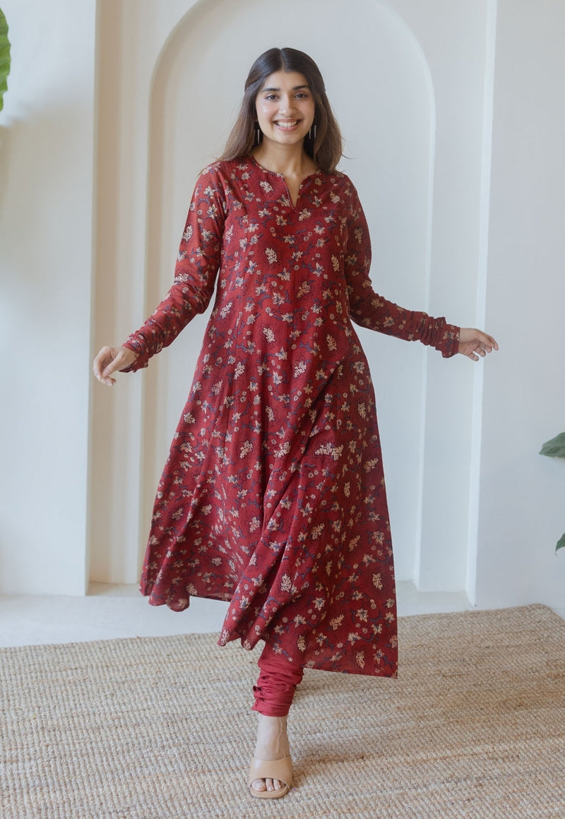 Shinat Red Ajrakh Cotton Kali Kurta with Hand Embroidery