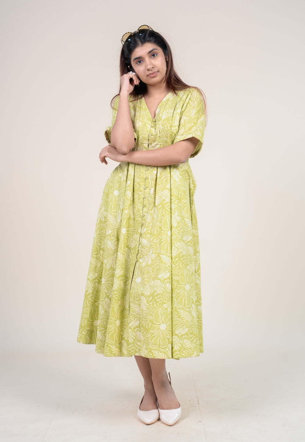 Reema Lime Green Printed Cotton A Line Dress