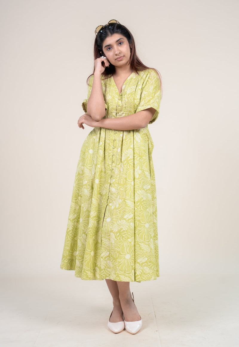 Reema Lime Green Printed Cotton A Line Dress