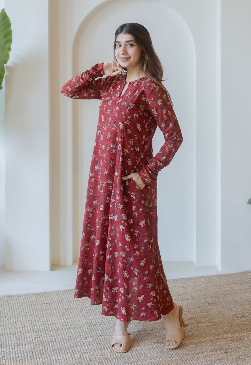 Shinat Red Ajrakh Cotton Kali Kurta with Hand Embroidery