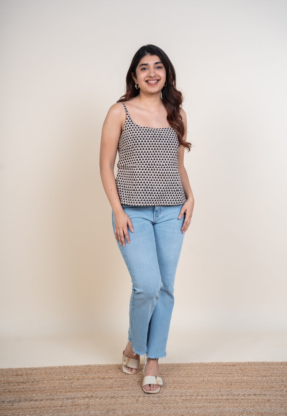 Omera Black Bagru Cotton Straight Short Top