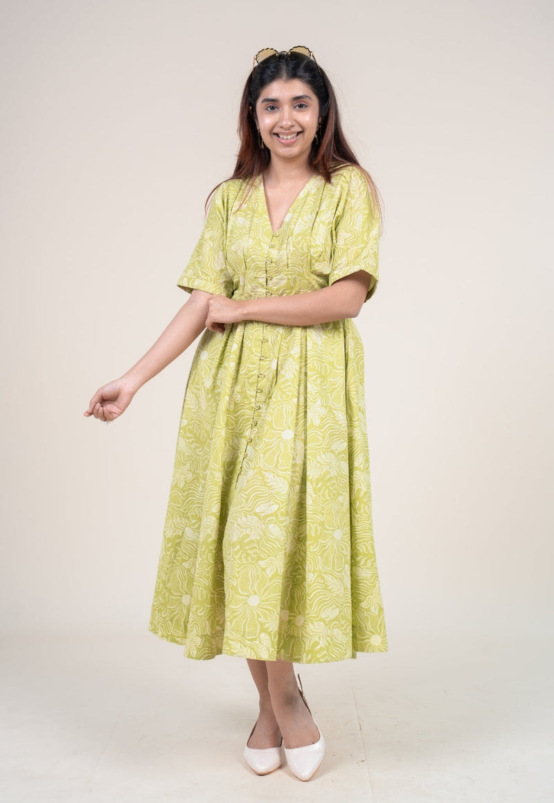 Reema Lime Green Printed Cotton A Line Dress