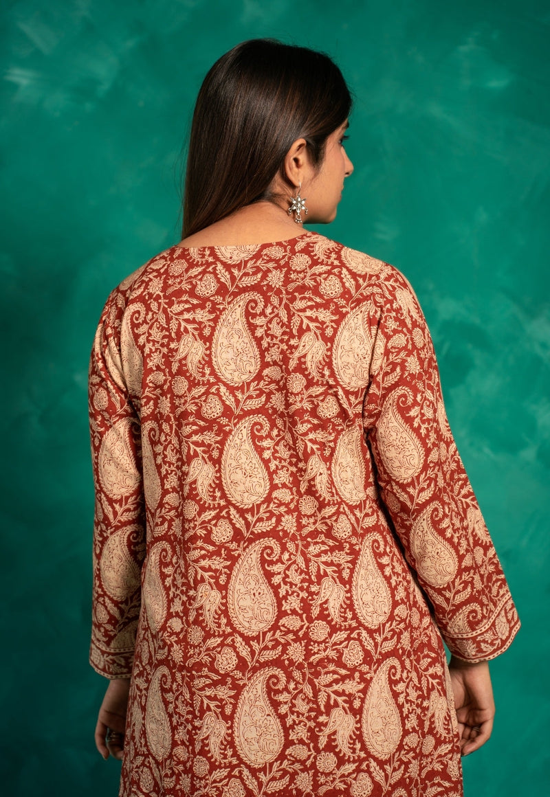 Zoohi Red Bagru Cotton A Line Kurta