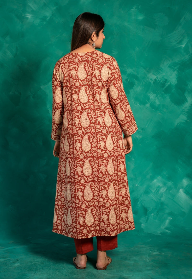 Zoohi Red Bagru Cotton A Line Kurta