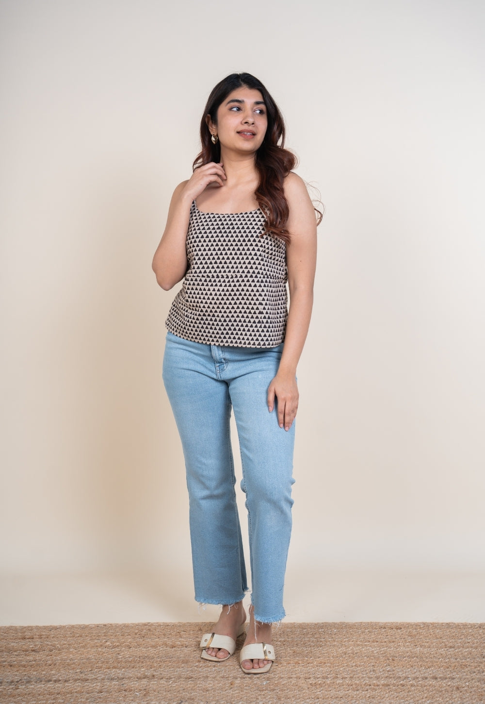 Omera Black Bagru Cotton Straight Short Top