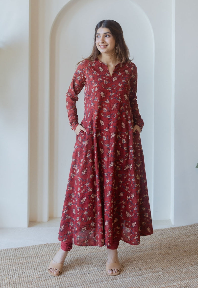Shinat Red Ajrakh Cotton Kali Kurta with Hand Embroidery
