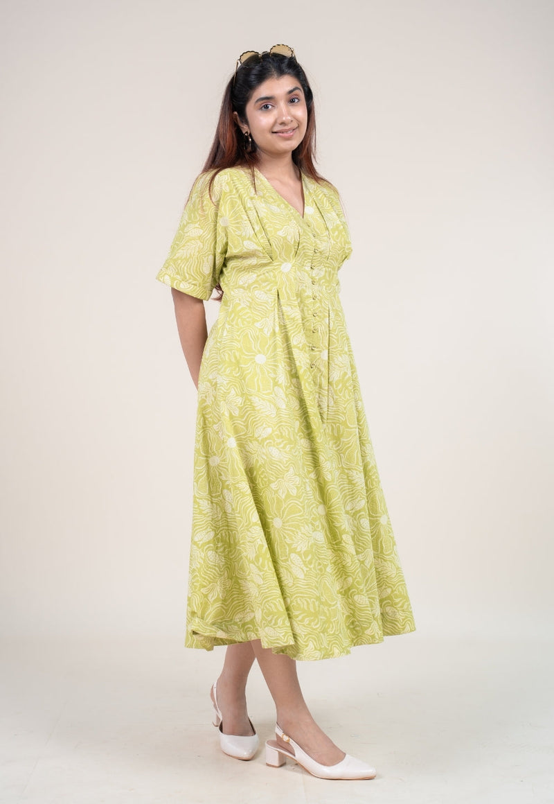 Reema Lime Green Printed Cotton A Line Dress
