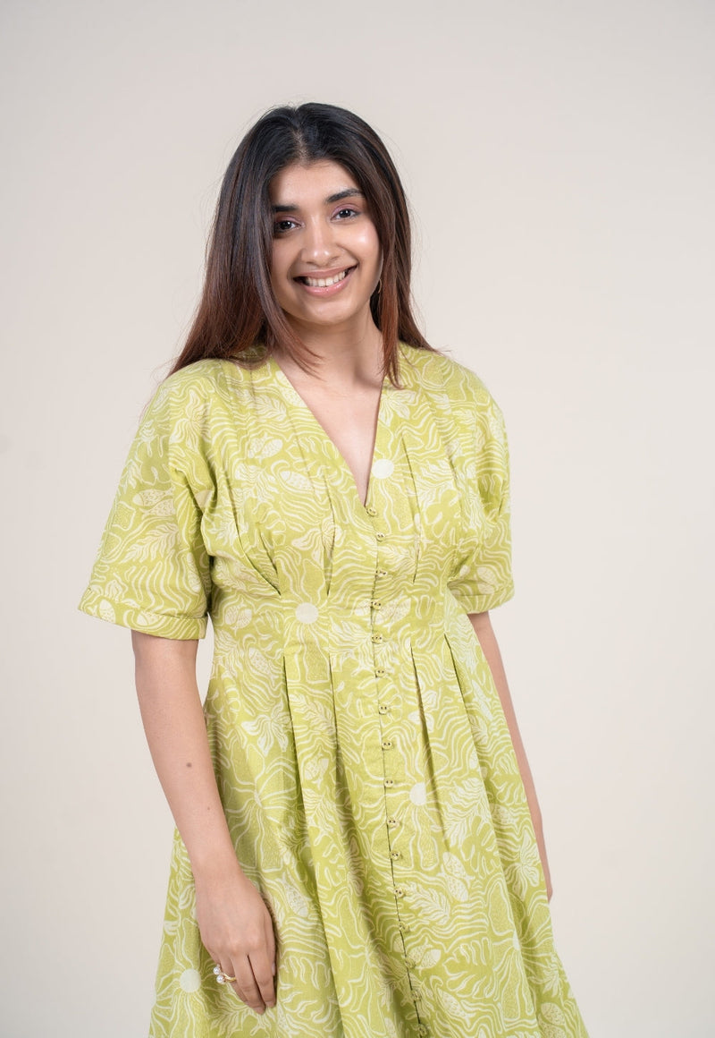 Reema Lime Green Printed Cotton A Line Dress